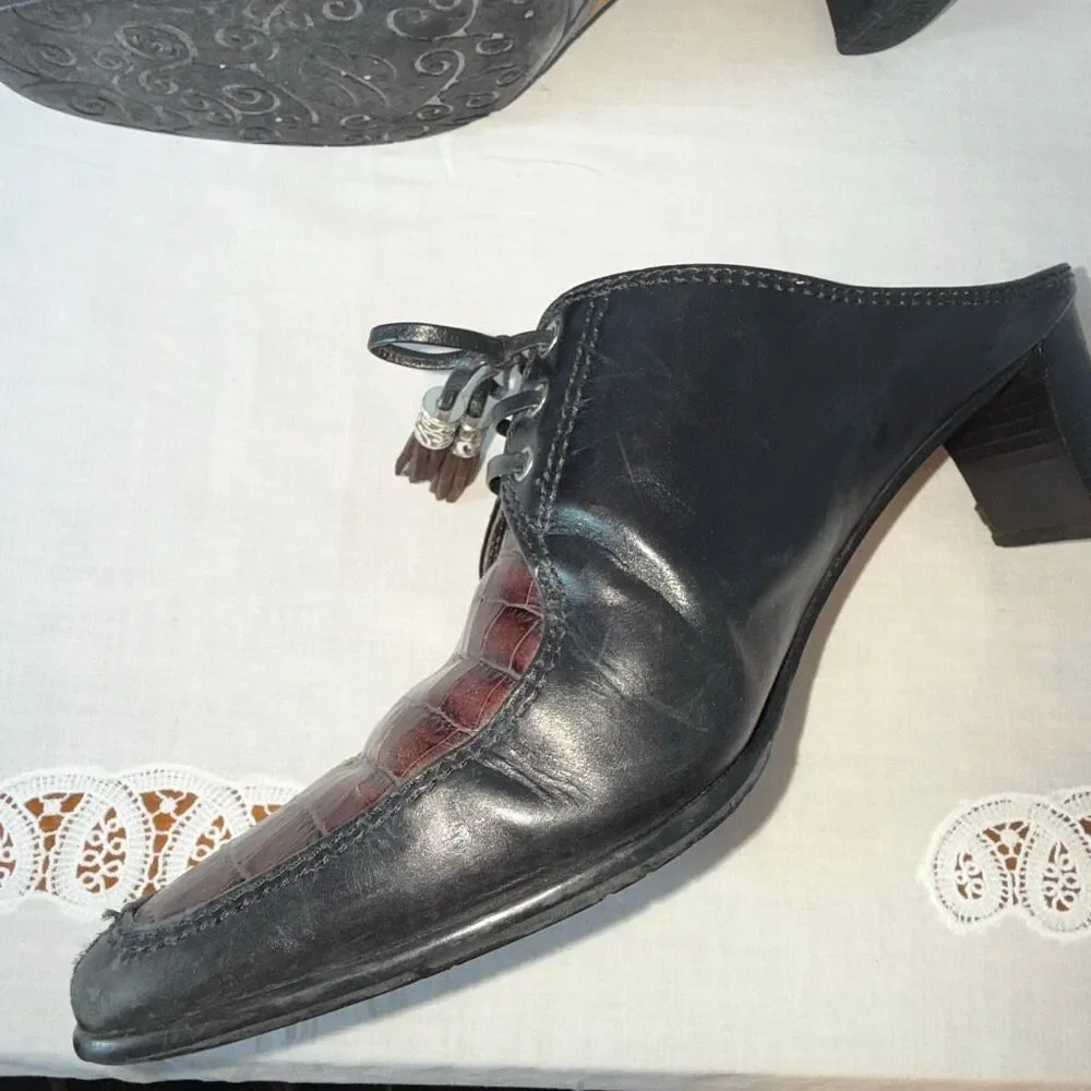 Vintage Brighton Tassle Mules‎ 8.5M Croc Embossed Black Brown Leather Heels Boho